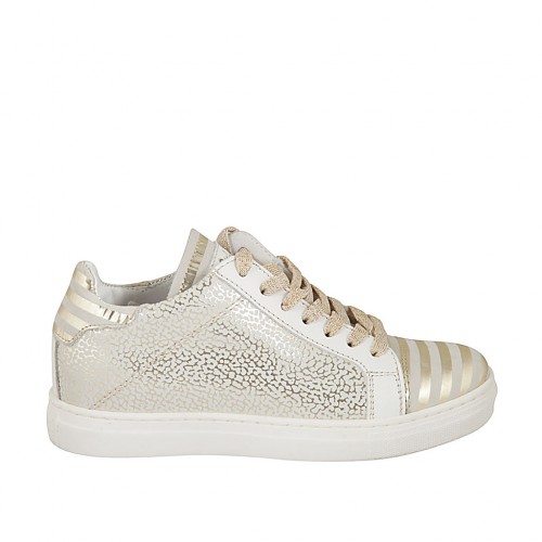 Scarpa stringata da donna con plantare estraibile in camoscio beige chiaro stampato platino zeppa 2 - Misure disponibili: 32, 33, 34, 42, 43, 44