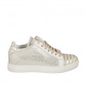 Woman's laced shoe with removable insole in light beige and platinum printed suede wedge heel 2
