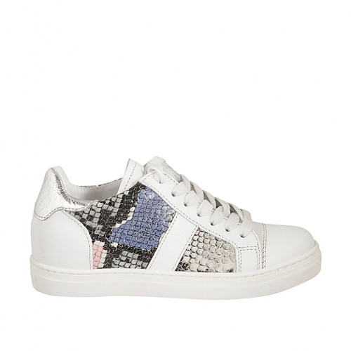 Woman's laced shoe with removable insole in white and silver laminated leather and multicolored printed leather wedge heel 2 - Available sizes:  32, 33, 34, 43, 44, 45