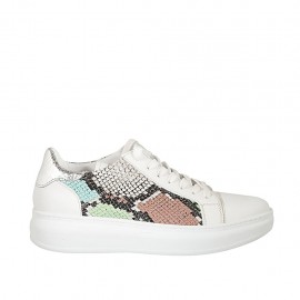 Woman's laced shoe with removable insole in white and silver laminated leather and multicolored printed leather wedge heel 4 - Available sizes:  42, 43, 44, 45