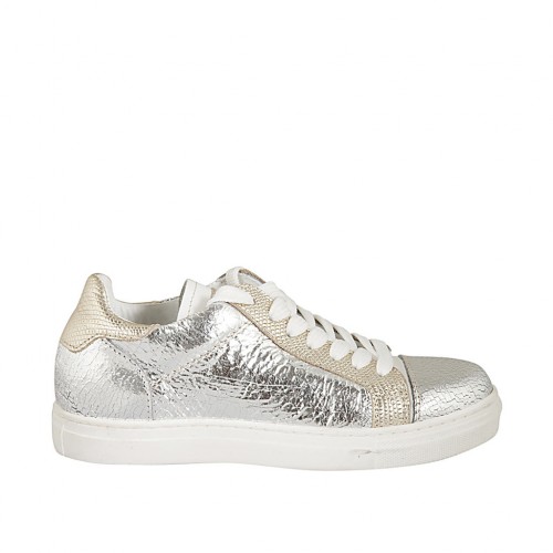 Scarpa stringata da donna con plantare estraibile in pelle laminata argento e stampata platino zeppa 2 - Misure disponibili: 32, 33, 34, 43, 45