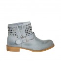 Damenstiefelette mit Schnalle und Reissverschluss aus blaugrauem Leder und perforiertem Leder Absatz 3