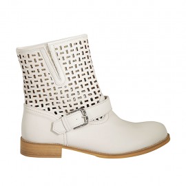 Stivaletto da donna con fibbia e cerniera in pelle e pelle traforata color panna tacco 3 - Misure disponibili: 42, 43, 44, 45