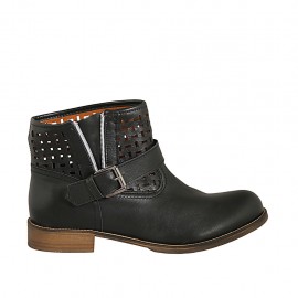 Stivaletto basso da donna con fibbia e cerniera in pelle e pelle traforata nera tacco 3 - Misure disponibili: 32, 33, 42, 43, 44, 45