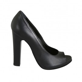 Escarpin à bout ouvert avec plateau pour femmes en cuir noir talon 11 - Pointures disponibles:  32, 33, 34, 42, 43