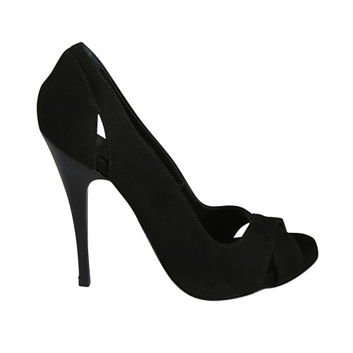 Scarpa aperta da donna con plateau in camoscio nero tacco 11 - Misure disponibili: 32, 33, 34, 42, 43, 44, 45, 46