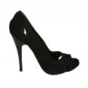 Woman's open toe pump with platform in black suede heel 11