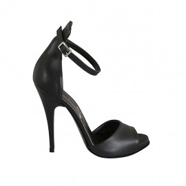 Woman's open pump with ankle strap and platform in black leather heel 11 - Available sizes:  33, 34, 42, 43, 45, 46, 47