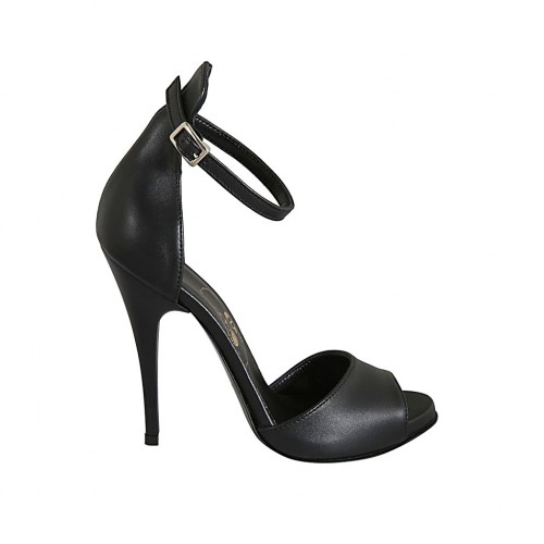 Woman's open pump with ankle strap and platform in black leather heel 11 - Available sizes:  33, 34, 42, 43, 45, 46, 47