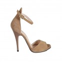 Zapato abierto para mujer con plataforma y cinturon al tobillo en gamuza beis tacon 11