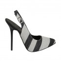 Slingback für Damen mit Plateau aus schwarzem, weissem und silberlaminiertem Stoff Absatz 12