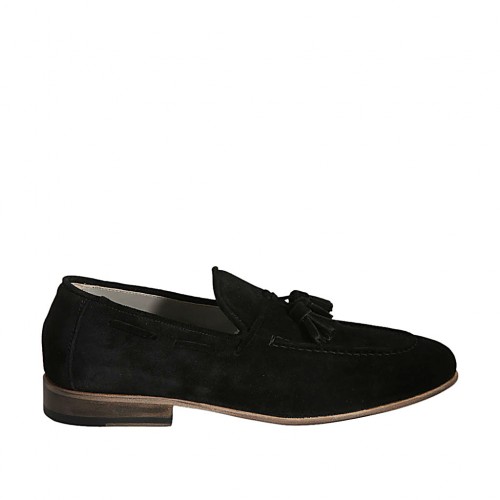 Men's loafer with tassels in black suede - Available sizes:  36, 37, 38, 46, 47, 48, 49, 50