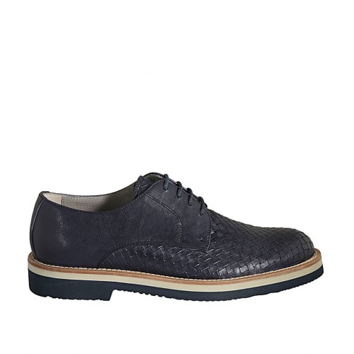 Herrenschnürschuhe aus blauem Leder und geflochtenem Leder - Verfügbare Größen:  37, 38, 46, 47, 48, 49, 50