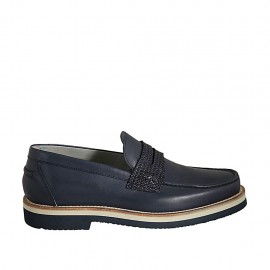 Mocasin para hombre en piel y piel transada azul  - Tallas disponibles:  36, 37, 38, 47, 48, 49