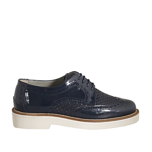 Zapato derby para mujer con cordones en charol y piel perforada azul tacon 3 - Tallas disponibles:  32, 33, 34, 43, 44, 45