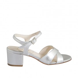 Sandalo da donna in pelle laminata argento con cinturino tacco 5 - Misure disponibili: 32, 33, 42, 43, 44, 45, 46