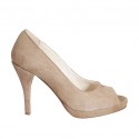 Woman's open toe platform pump in beige suede heel 9