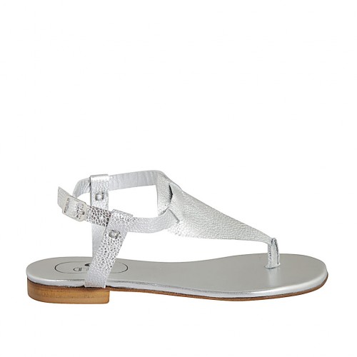 Woman's thong sandal with strap in silver laminated printed leather heel 1 - Available sizes:  33, 34, 42, 43, 44