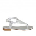 Woman's thong sandal with strap in silver laminated printed leather heel 1