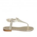 Woman's thong sandal with strap in platinum laminated printed leather heel 1
