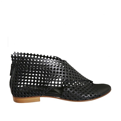 Woman's open shoe with zipper in black pierced leather heel 1 - Available sizes:  43