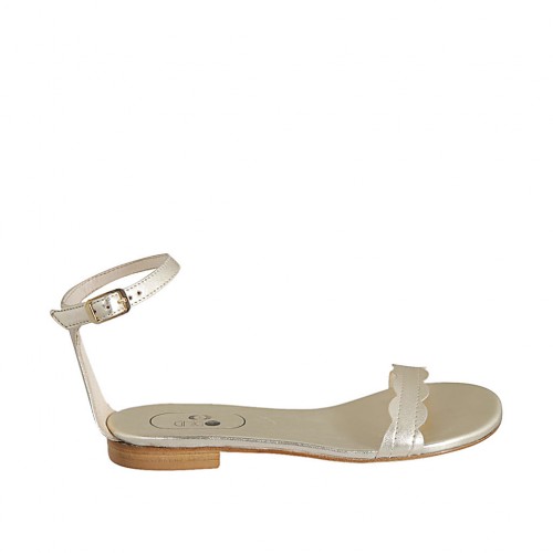 Woman's open shoe with strap in platinum laminated leather heel 1 - Available sizes:  33, 43, 44