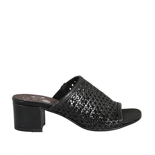 Sandalia para mujer con elastico en piel trensada negra tacon 4 - Tallas disponibles:  33, 42, 43, 44