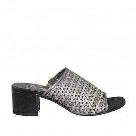 Sabot da donna con elastico in pelle intrecciata nera, argento e grigia tacco 4 - Misure disponibili: 32, 33, 34, 43, 45