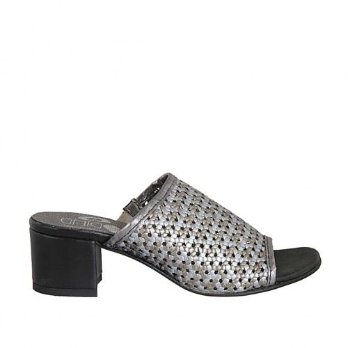 Sandale pour femmes avec elastique en cuir tressé noir, argent et gris talon 4 - Pointures disponibles:  32, 33, 34, 43, 45
