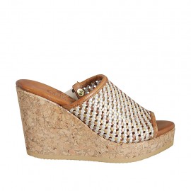 Woman's open mules in tan, bronze and copper braided leather with platform and wedge heel 9 - Available sizes:  42, 43, 44