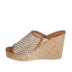 Woman's open mules in tan, bronze and copper braided leather with platform and wedge heel 9 - Available sizes:  42, 43, 44