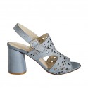 Woman's sandal in bluegrey pierced leather heel 7