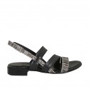 Woman's sandal in black leather and striped printed suede heel 2