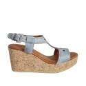 Woman's sandal in blue grey pierced leather with platform and wedge heel 7