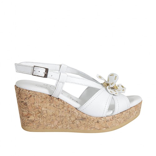 Woman's sandal in white and golden leather with flower, platform and wedge heel 7 - Available sizes:  33
