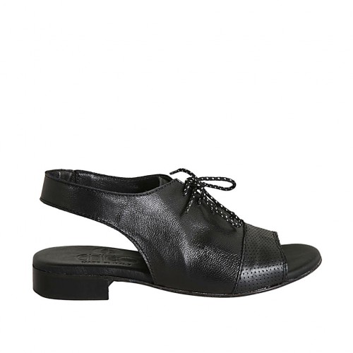 Woman's laced sandal with elastic band in black leather heel 2 - Available sizes:  33, 43, 44