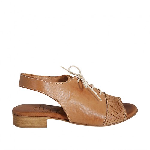 Sandalo stringato con elastico da donna in pelle color cuoio tacco 2 - Misure disponibili: 34, 43, 44, 45