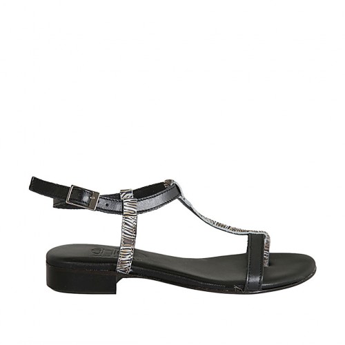 Sandalia de dedo para mujer con cinturon en piel negra y gamuza imprimida a rayas tacon 2 - Tallas disponibles:  33, 43, 45