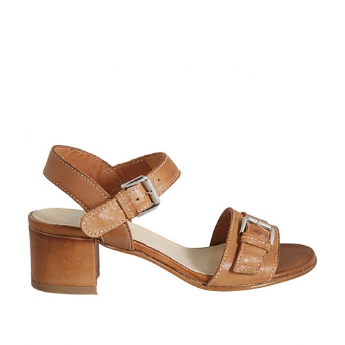 Woman's sandal with strap with buckle in tan-colored leather heel 4 - Available sizes:  32, 43
