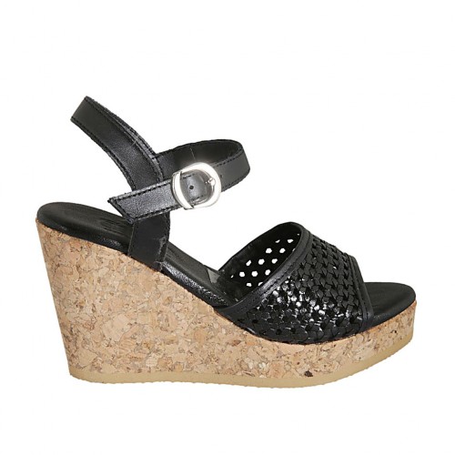 Woman's strap platform sandal in black braided leather wedge heel 9 - Available sizes:  32, 33, 34