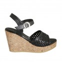 Woman's strap platform sandal in black braided leather wedge heel 9
