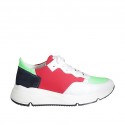 Zapato con cordones y plantilla extraible para mujer en piel blanca y verde, gamuza azul y tejido rojo cuña 5