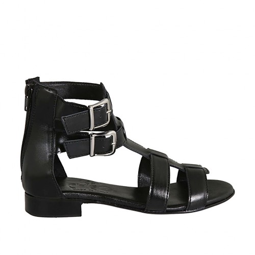 Woman's open shoe with zipper and buckles in black leather heel 2 - Available sizes:  42, 43, 44, 45