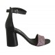 Zapato abierto para mujer con cinturon al tobillo en piel negra y gamuza imprimida rosa a rayas tacon 7 - Tallas disponibles:  34, 42, 43, 44
