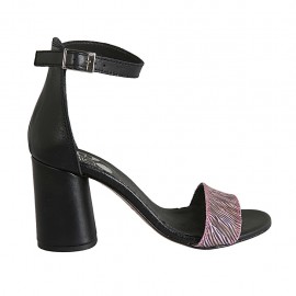 Woman's open shoe with ankle strap in black leather and printed striped pink suede heel 7 - Available sizes:  34, 42, 43, 44