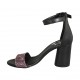 Woman's open shoe with ankle strap in black leather and printed striped pink suede heel 7 - Available sizes:  34, 42, 43, 44