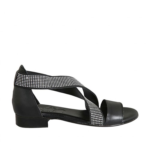 Woman's open shoe with elastic bands and rhinestones in black leather heel 2 - Available sizes:  33, 34, 42, 43