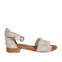 Woman's open shoe with strap in beige suede and platinum printed leather heel 2
