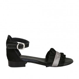 Woman's open shoe with strap in black suede and grey printed leather heel 2 - Available sizes:  33, 34, 42, 43, 44