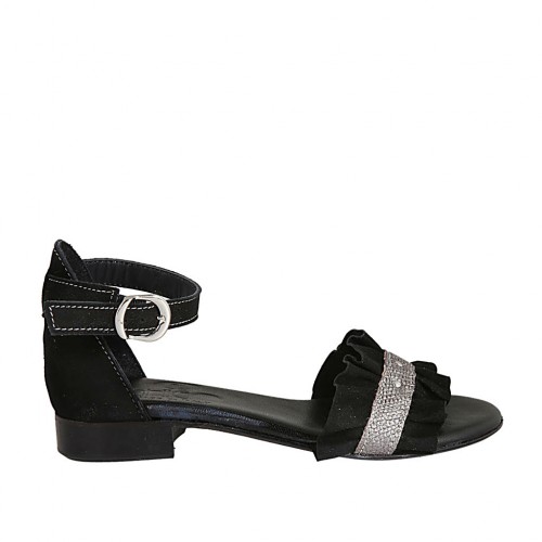 Woman's open shoe with strap in black suede and grey printed leather heel 2 - Available sizes:  33, 34, 42, 43, 44